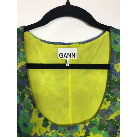 GANNI Ruched Mesh Dress Sulphur Spring Green Yellow Floral Midi 38 Wedding Guest - Picture 3 of 14